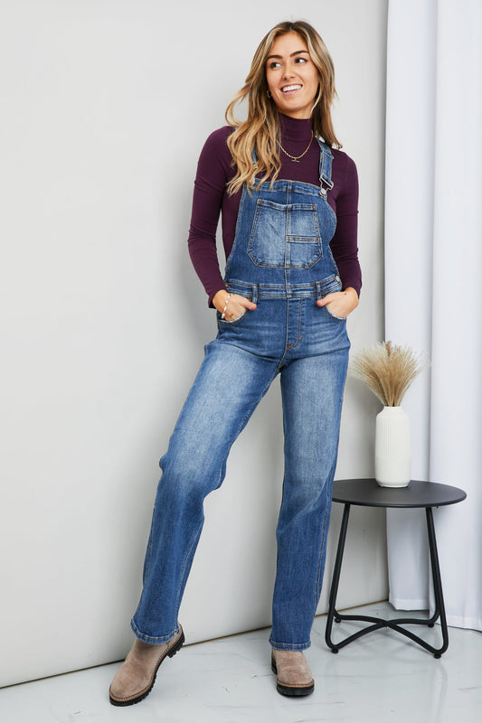 Denim Straight Leg Overalls with Pockets